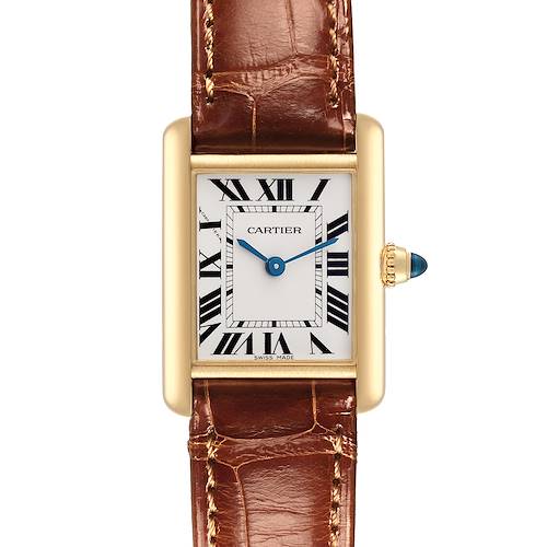 The Cartier Tank Louis W1529856 Women's Yellow Gold Silver Dial W1529856 Women's Yellow Gold Silver Dial watch is shown from a top-down angle, highlighting its face, brown leather strap, and blue sapphire crown.
