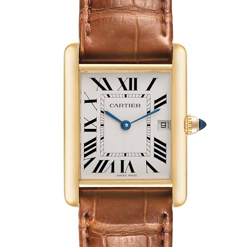 The Cartier Tank Louis W1529756 Men's Yellow Gold Silver Dial W1529756 Men's Yellow Gold Silver Dial watch is shown from the front, displaying its face, Roman numerals, gold case, brown leather strap, and date window.