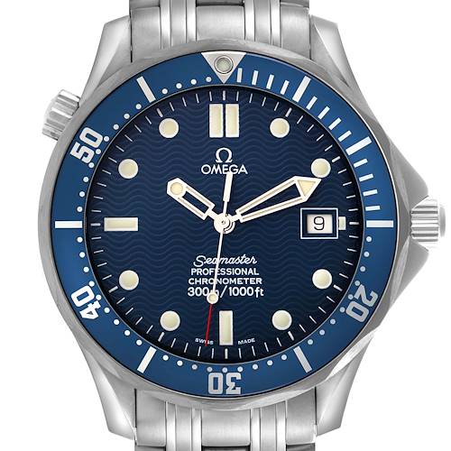The Omega Seamaster 2531.80.00 Men's Stainless Steel Blue Dial 2531.80.00 Men's Stainless Steel Blue Dial watch is shown from a front angle, highlighting the dial, bezel, and bracelet.