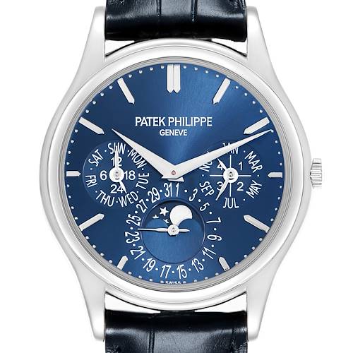 The Patek Philippe Complications 5140P-001 Men's Platinum Blue Dial 5140P-001 Men's Platinum Blue Dial watch is shown from a front angle, highlighting the dial with calendar functions and moon phase.