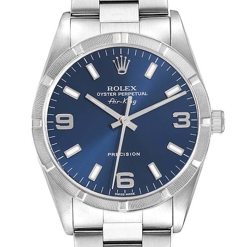The Rolex Air-King 14010 Men's Stainless Steel Blue Dial 14010 Men's Stainless Steel Blue Dial watch is shown from a front perspective, displaying the face, crown, and part of the bracelet.