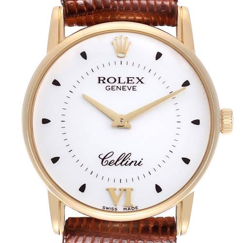 The Rolex Cellini 5116/8 Men's Yellow Gold Silver Dial 5116/8 Men's Yellow Gold Silver Dial watch is shown from the front, highlighting its face, hands, crown, and leather strap.