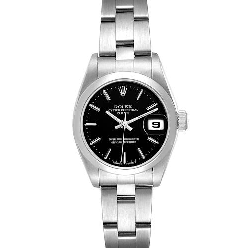 The image shows a front view of a Rolex Oyster Perpetual Date watch, highlighting the black dial and stainless steel bracelet.