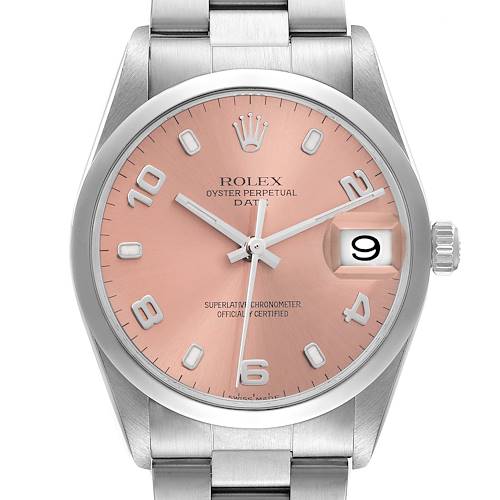 The Rolex Date 15200 Men's Stainless Steel Pink Dial 15200 Men's Stainless Steel Pink Dial model is shown from a top-down angle, highlighting the dial, hands, bezel, and partial bracelet.