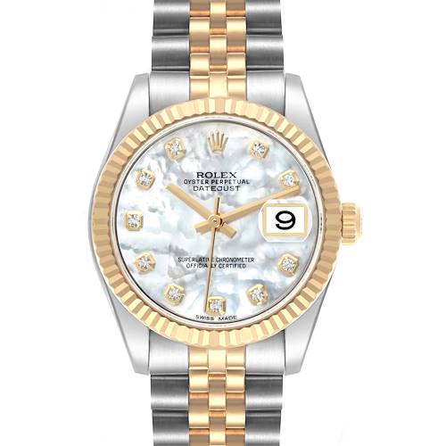 The Rolex Datejust Mid-Size watch is shown from a front view, highlighting the face, bezel, and bracelet.