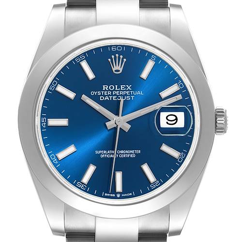 This image shows a frontal view of the Rolex Datejust 41 126300 Men's Stainless Steel Blue Dial 126300 Men's Stainless Steel Blue Dial, featuring its blue dial, date display, and stainless steel case and bracelet.