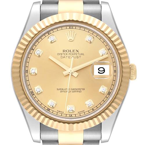 The image shows a front view of a Rolex Datejust 41 116333 Men's Steel and Gold (two tone) Champagne Dial 116333 Men's Steel and Gold (two tone) Champagne Dial watch, displaying the dial, hands, date window, bezel, and crown.