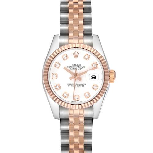 The Rolex Datejust 179171 Women's Steel and Gold (two tone) White Dial 179171 Women's Steel and Gold (two tone) White Dial watch is shown from a top-down angle, highlighting the dial, bezel, and two-tone bracelet.