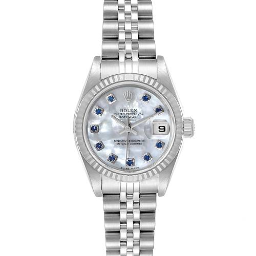 This image shows a Rolex Datejust 79174 Women's Stainless Steel Mother of Pearl Dial 79174 Women's Stainless Steel Mother of Pearl Dial watch from a top-down angle, highlighting its face, bezel, crown, and bracelet.