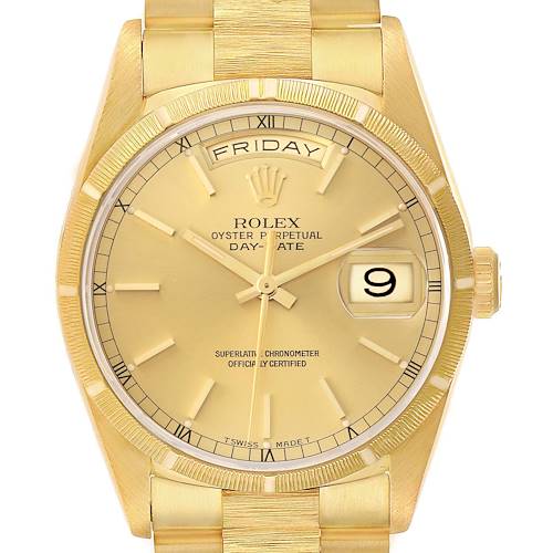 The Rolex President 18248 Men's Yellow Gold Champagne Dial 18248 Men's Yellow Gold Champagne Dial model watch is shown from a front angle, highlighting the dial, day/date display, bezel, and part of the bracelet.