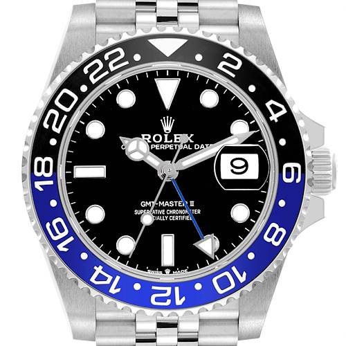 The image shows a front view of a Rolex GMT-Master 126710 Men's Stainless Steel Black Dial 126710 Men's Stainless Steel Black Dial II watch, highlighting the dial, bezel, and part of the bracelet.