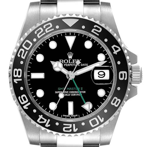 The Rolex GMT-Master 116710 Men's Stainless Steel Black Dial 116710 Men's Stainless Steel Black Dial watch is shown from a front angle, including the bezel, dial, crown, and bracelet.