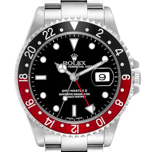 The Rolex GMT-Master 16710 Men's Stainless Steel Black Dial 16710 Men's Stainless Steel Black Dial watch is shown from a front angle, highlighting the bezel, dial, and bracelet.