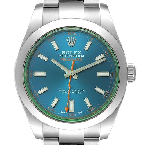 The image shows a Rolex Milgauss 116400GV Men's Stainless Steel Blue Dial 116400GV Men's Stainless Steel Blue Dial watch from a front angle, displaying its blue dial, hour markers, and stainless steel bracelet.