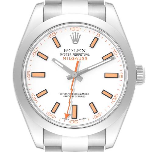 This image shows a front view of the Rolex Milgauss 116400 Men's Stainless Steel White Dial 116400 Men's Stainless Steel White Dial watch, focusing on the dial, bezel, and part of the bracelet.