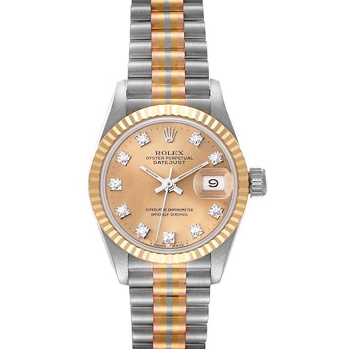 This Rolex President 69179 Women's White Gold Champagne Dial 69179 Women's White Gold Champagne Dial model watch is shown from a top-down angle, displaying the face, bezel, crown, and part of the bracelet.
