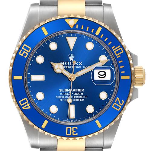 The Rolex Submariner 126613LB Men's Steel and Gold (two tone) Blue Dial 126613LB Men's Steel and Gold (two tone) Blue Dial watch is shown from a front angle, highlighting the blue dial, gold accents, bezel, and part of the bracelet.
