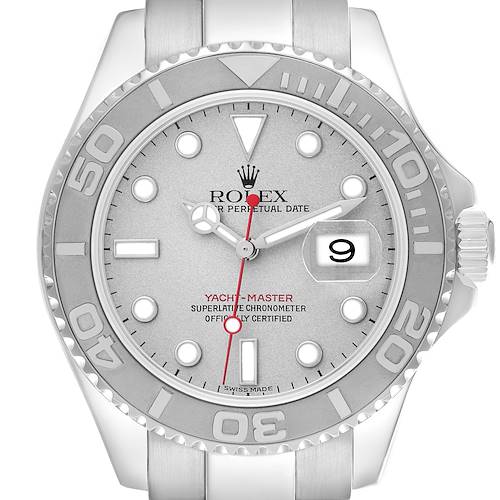 The Rolex Yacht-Master 16622 Men's Stainless Steel Silver Dial 16622 Men's Stainless Steel Silver Dial watch is shown from a frontal angle, highlighting the dial, bezel, and bracelet.