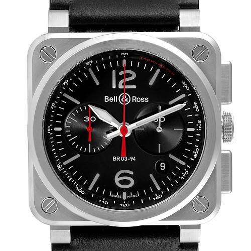 The image shows a front view of a Bell & Ross BR 03-94 Chronograph watch, highlighting the dial, case, and strap.