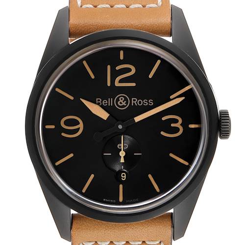 This image is a front view of a Bell & Ross Vintage model watch, showcasing its face and leather strap.