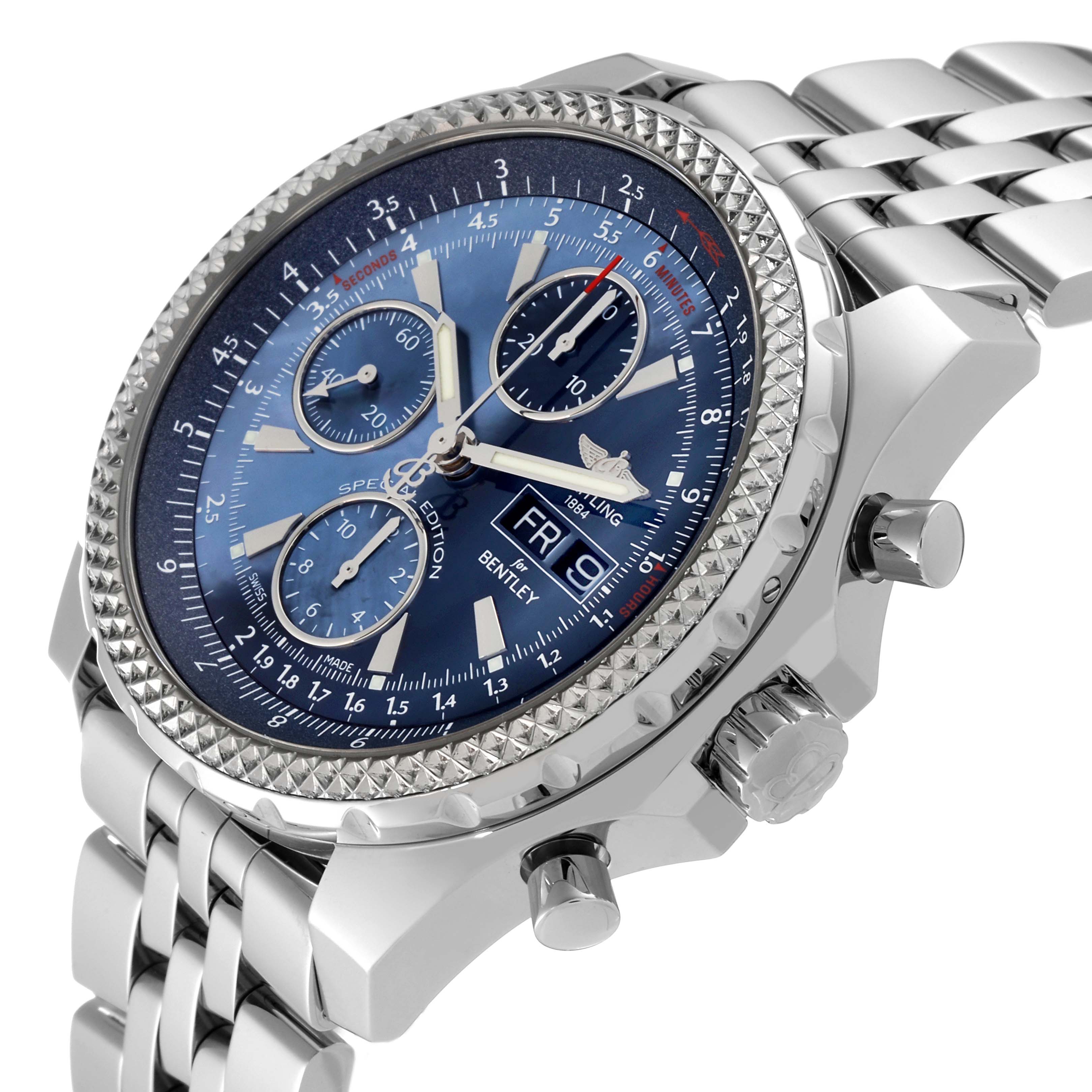 The image shows a side angle of the Breitling Bentley A13362 Men's Stainless Steel Mother of Pearl Dial A13362 Men's Stainless Steel Mother of Pearl Dial watch, highlighting its bezel, chronograph dials, and stainless steel bracelet.