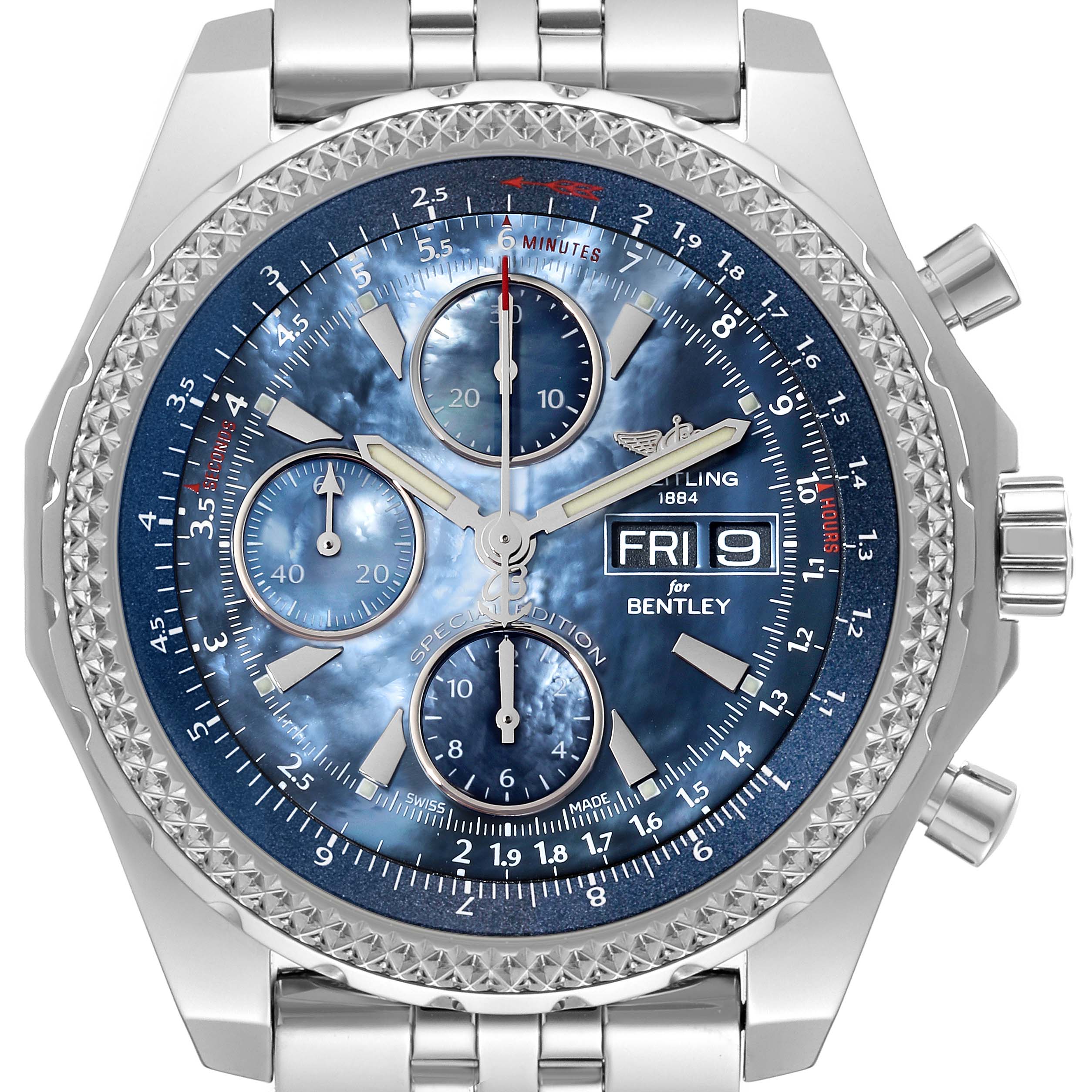 The image shows a front view of a Breitling Bentley A13362 Men's Stainless Steel Mother of Pearl Dial A13362 Men's Stainless Steel Mother of Pearl Dial model watch, displaying its dial and chronograph subdials.