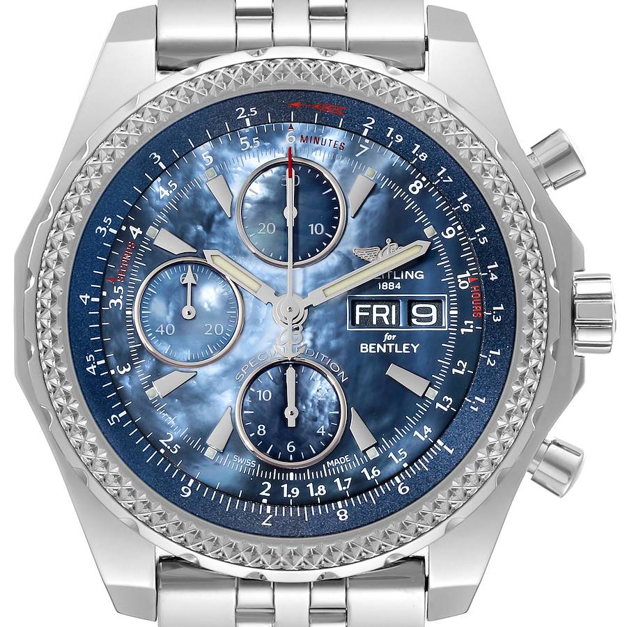 The image shows a front view of a Breitling Bentley A13362 Men's Stainless Steel Mother of Pearl Dial A13362 Men's Stainless Steel Mother of Pearl Dial model watch, displaying its dial and chronograph subdials.