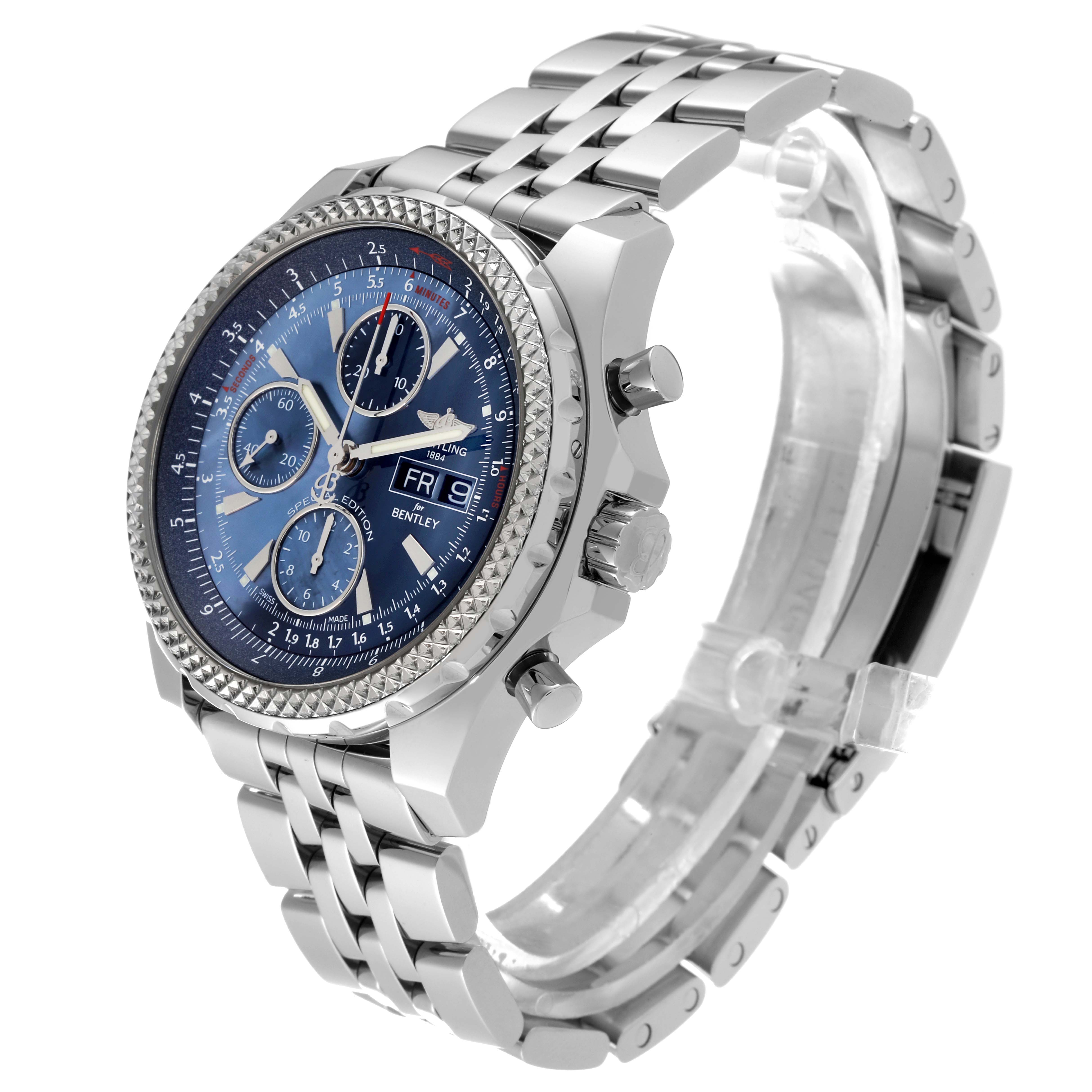 The Bentley model by Breitling is shown at an angle highlighting the face, bezel, crown, and metal bracelet.