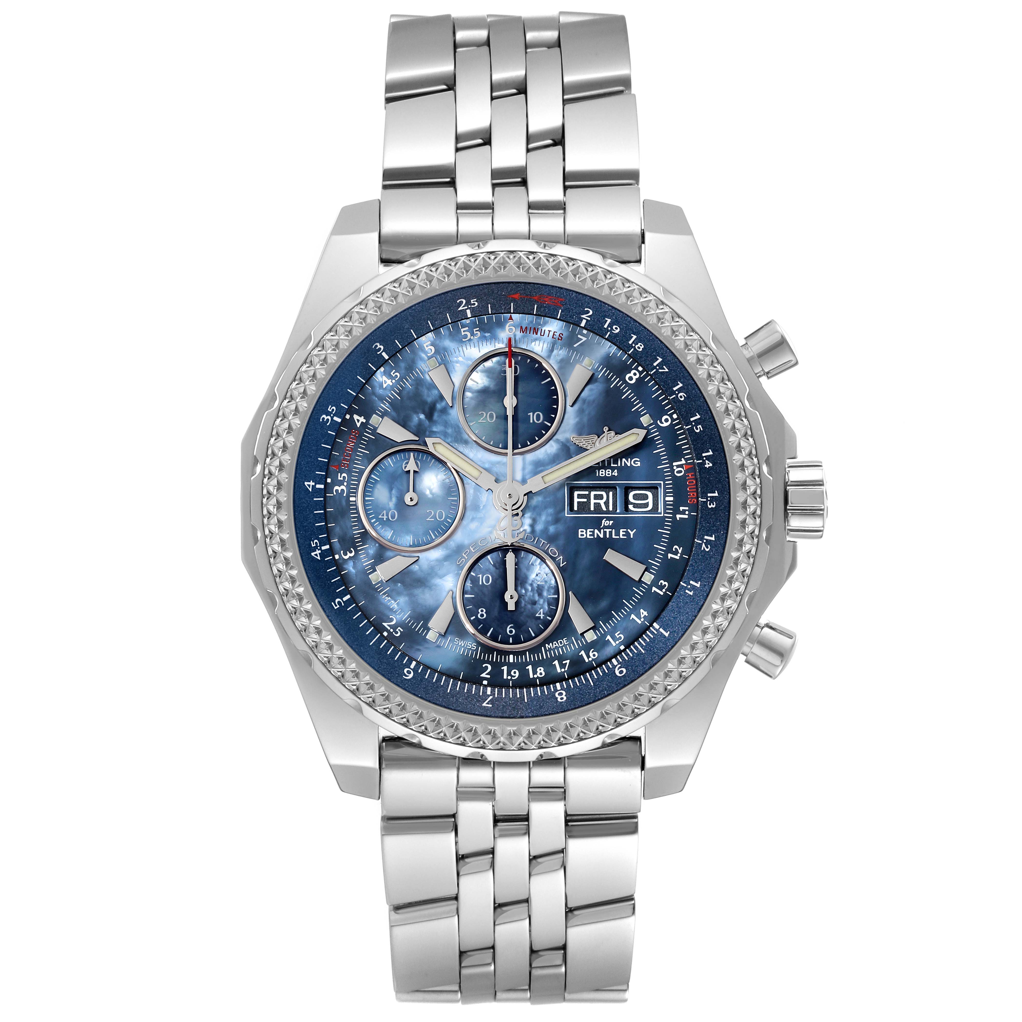 The Breitling Bentley A13362 Men's Stainless Steel Mother of Pearl Dial A13362 Men's Stainless Steel Mother of Pearl Dial watch is shown from a front angle, displaying its blue dial, chronograph sub-dials, date function, and metal bracelet.