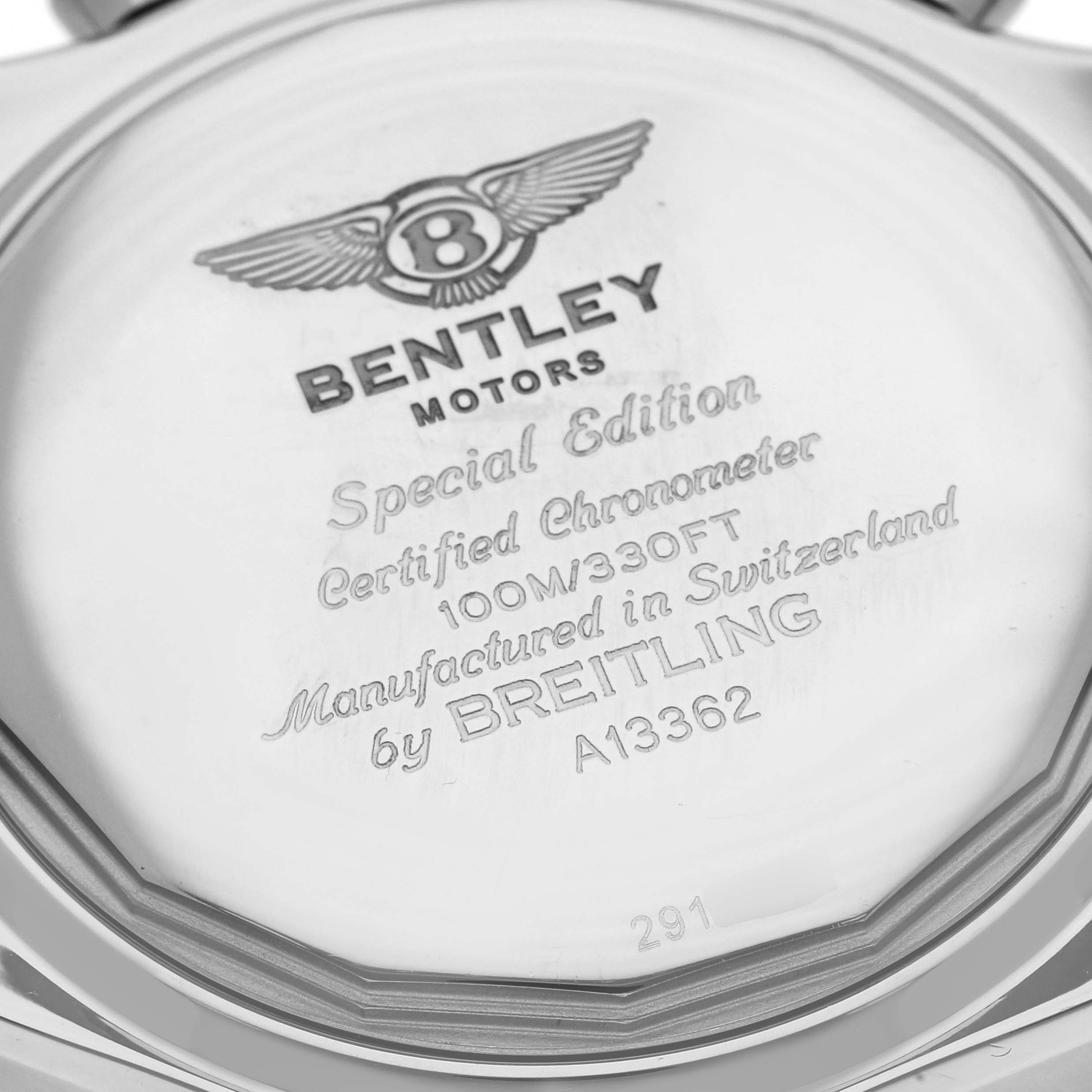 This image shows the back case of a Breitling Bentley A13362 Men's Stainless Steel Mother of Pearl Dial A13362 Men's Stainless Steel Mother of Pearl Dial model watch, displaying engravings and brand markings.