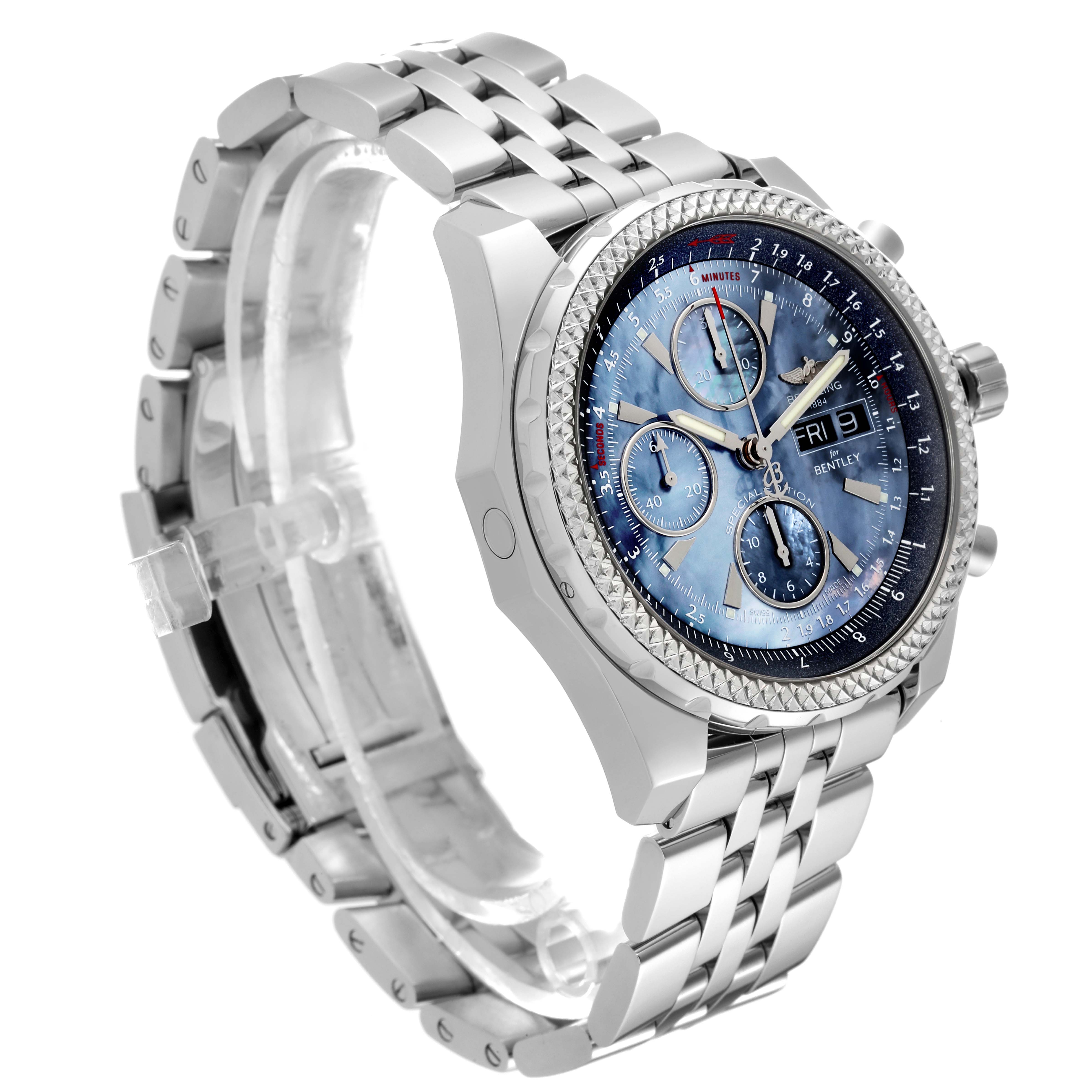The image shows a side-angle view of a Breitling Bentley A13362 Men's Stainless Steel Mother of Pearl Dial A13362 Men's Stainless Steel Mother of Pearl Dial watch, highlighting its face, bezel, chronograph dials, and metal bracelet.