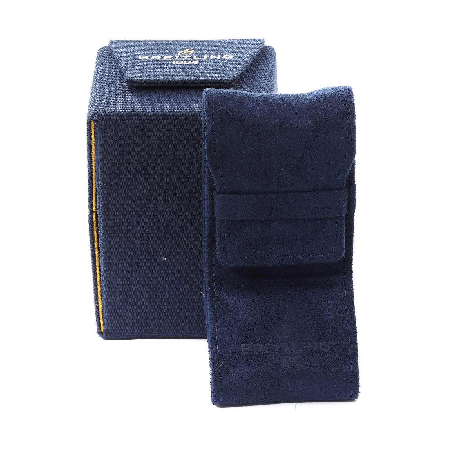 The image shows a Breitling Bentley A13362 Men's Stainless Steel Mother of Pearl Dial A13362 Men's Stainless Steel Mother of Pearl Dial watch box and a blue suede pouch from a straight-on angle.