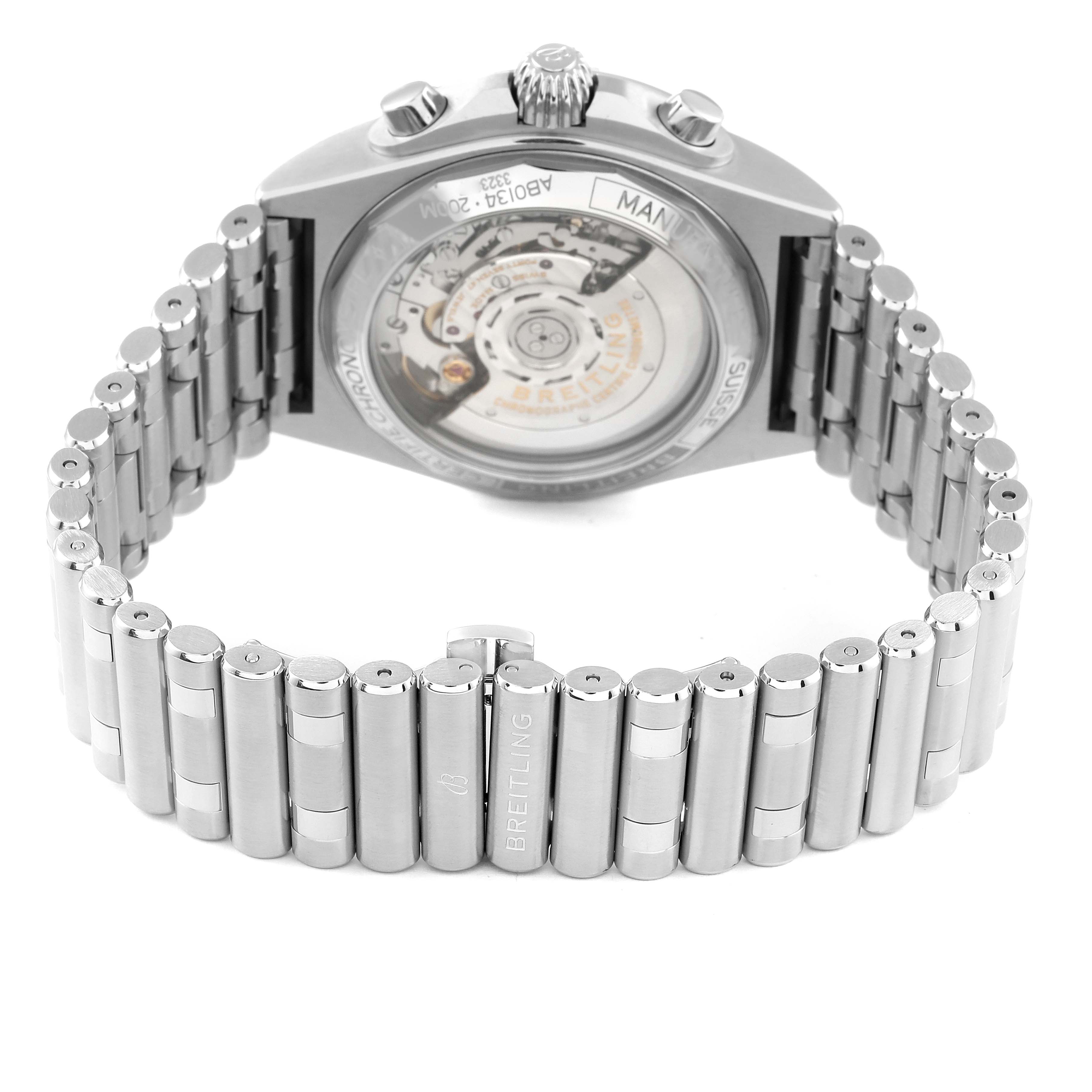 The image shows the back case and bracelet of a Breitling Chronomat AB0134 Men's Stainless Steel Silver Dial AB0134 Men's Stainless Steel Silver Dial watch, highlighting the intricate movement and stainless steel links.