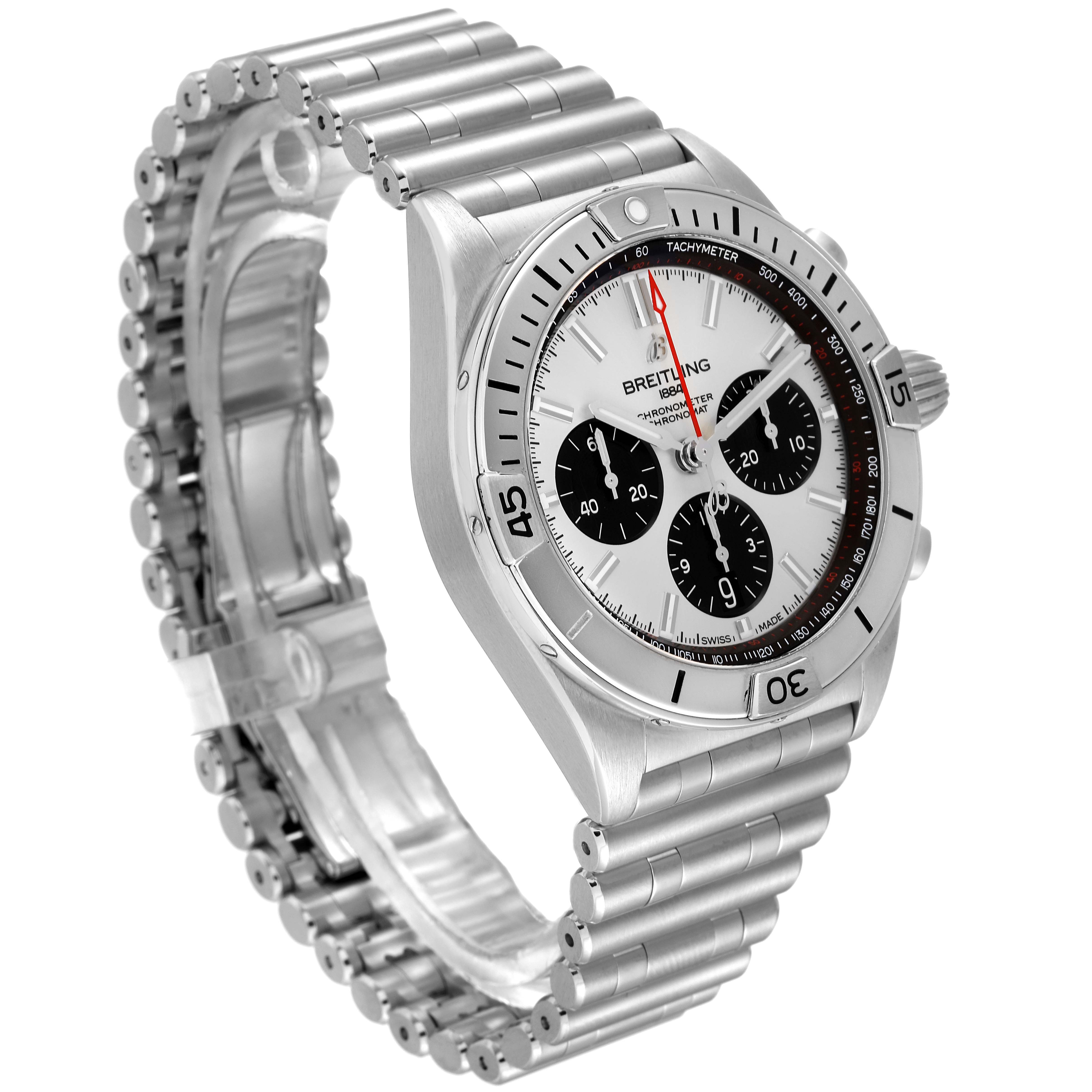 The image shows a side angle view of a Breitling Chronomat AB0134 Men's Stainless Steel Silver Dial AB0134 Men's Stainless Steel Silver Dial watch, highlighting its face, bezel, crown, and metal bracelet.