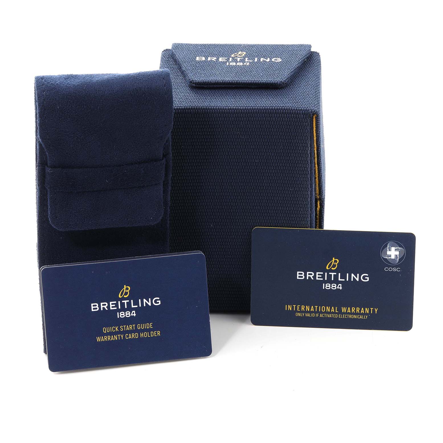 The image shows the packaging, quick start guide, warranty card holder, and international warranty card for the Breitling Chronomat AB0134 Men's Stainless Steel Silver Dial AB0134 Men's Stainless Steel Silver Dial model.