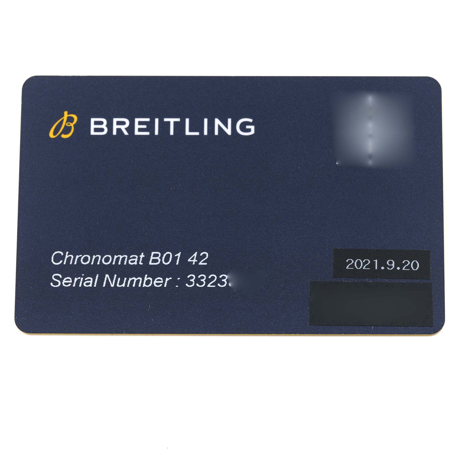This image shows the warranty card for a Breitling Chronomat AB0134 Men's Stainless Steel Silver Dial AB0134 Men's Stainless Steel Silver Dial B01 42 watch, indicating the model, serial number, and date of purchase.