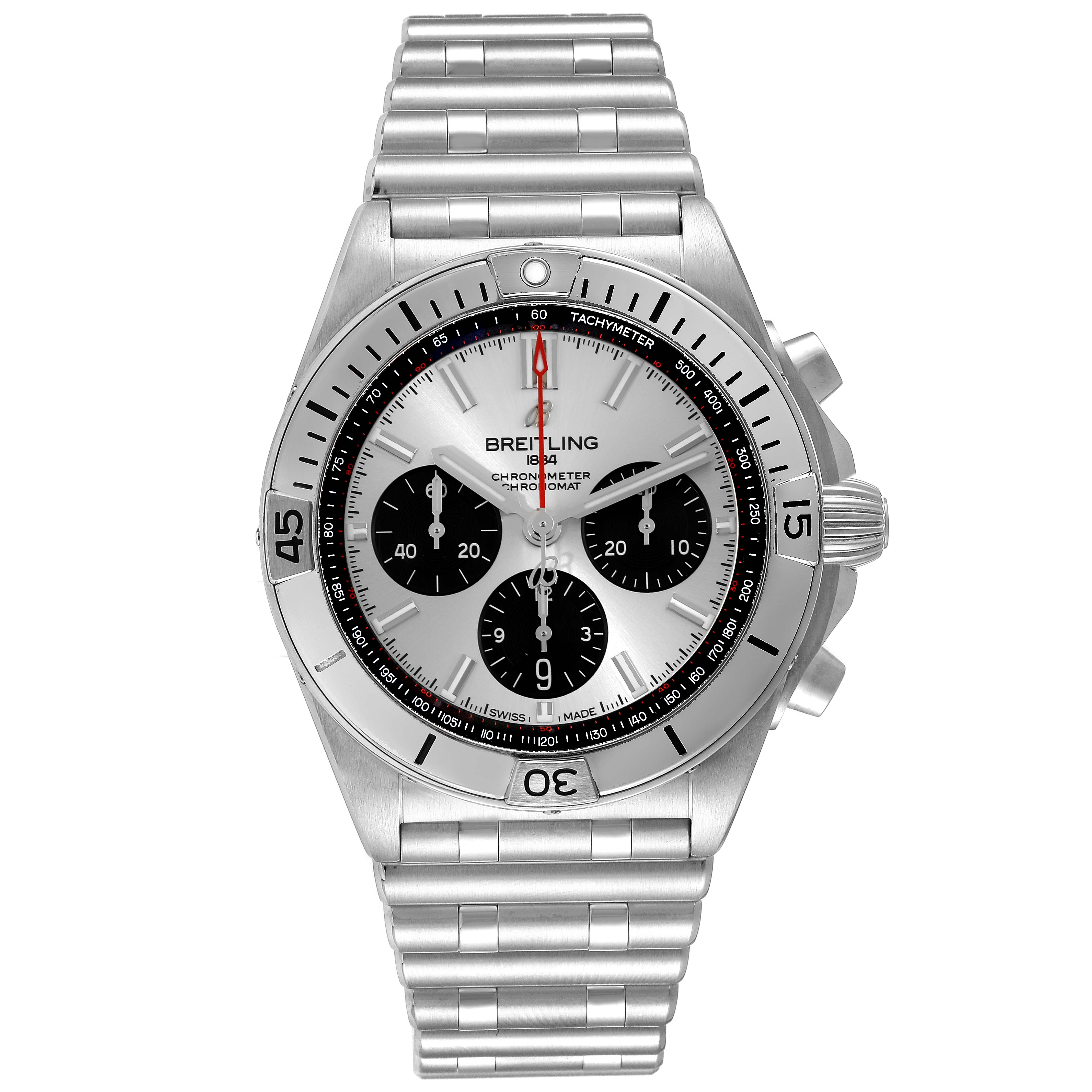 The image shows a front view of the Breitling Chronomat AB0134 Men's Stainless Steel Silver Dial AB0134 Men's Stainless Steel Silver Dial watch displaying its face, bezel, crown, and bracelet.