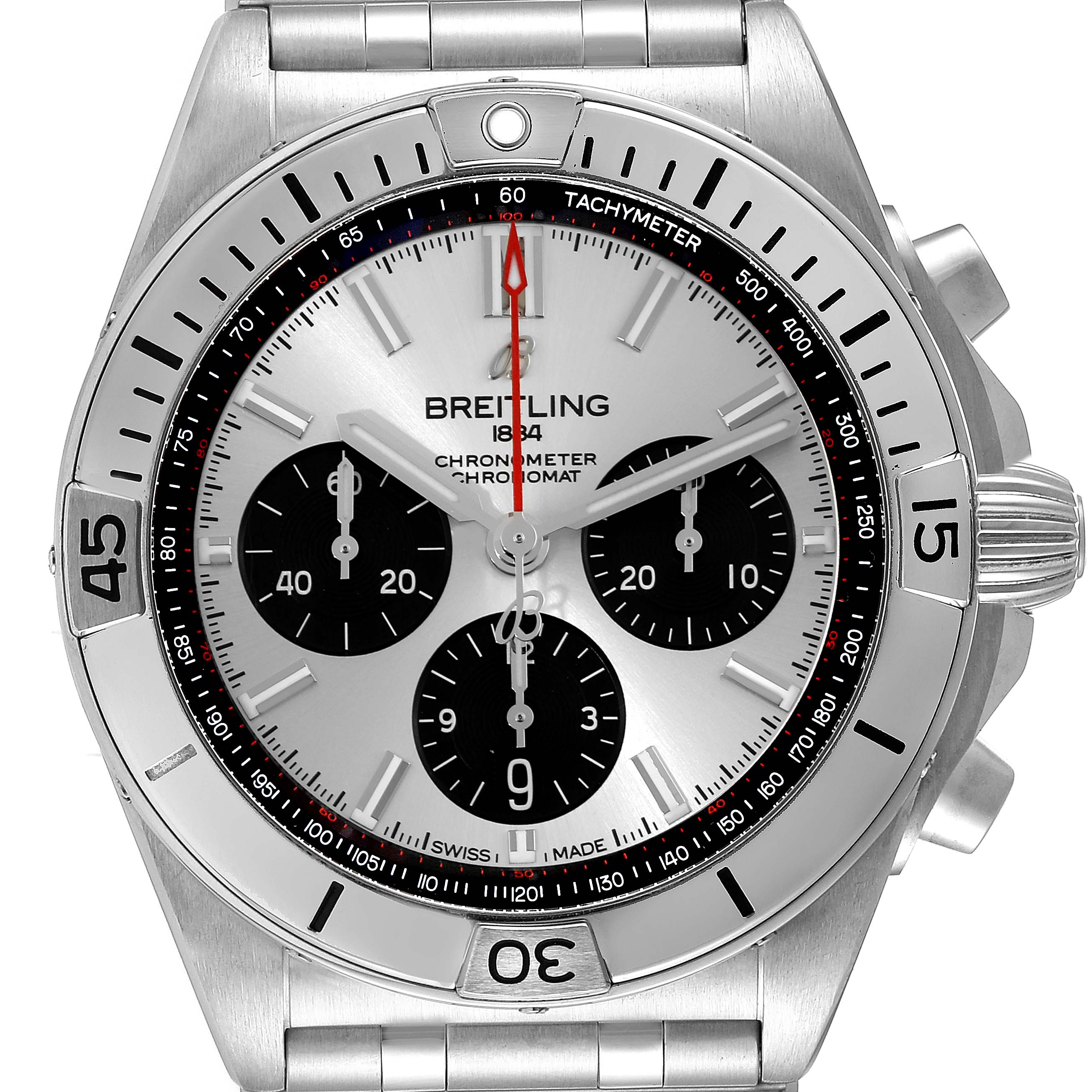 The image shows a front view of a Breitling Chronomat AB0134 Men's Stainless Steel Silver Dial AB0134 Men's Stainless Steel Silver Dial watch, displaying its dial, chronograph sub-dials, and crown.