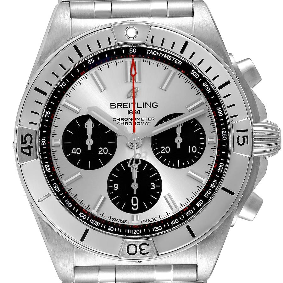 The image shows a front view of a Breitling Chronomat AB0134 Men's Stainless Steel Silver Dial AB0134 Men's Stainless Steel Silver Dial watch, displaying its dial, chronograph sub-dials, and crown.