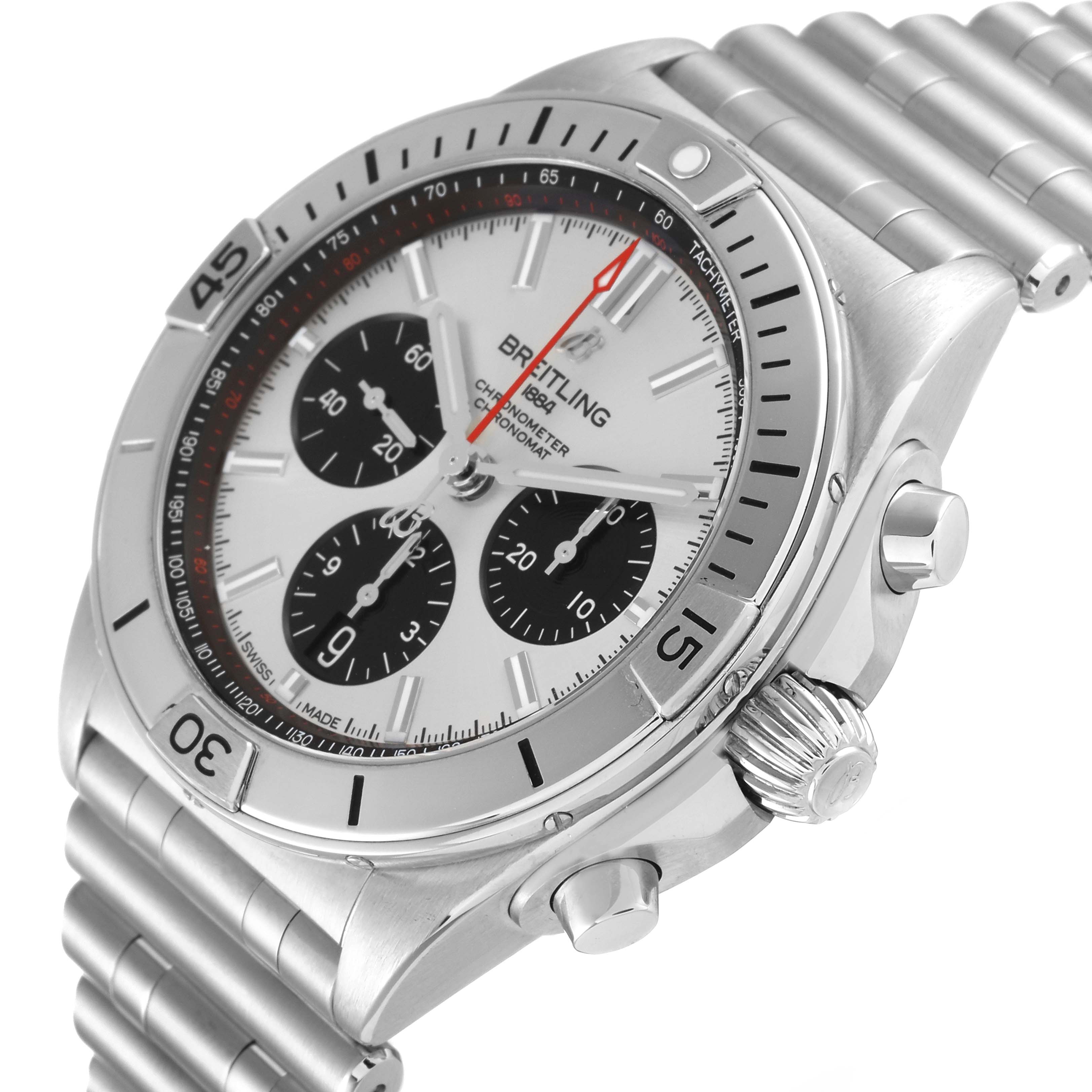 This image shows a side angle of a Breitling Chronomat AB0134 Men's Stainless Steel Silver Dial AB0134 Men's Stainless Steel Silver Dial watch, highlighting the dial, bezel, crown, pushers, and bracelet.