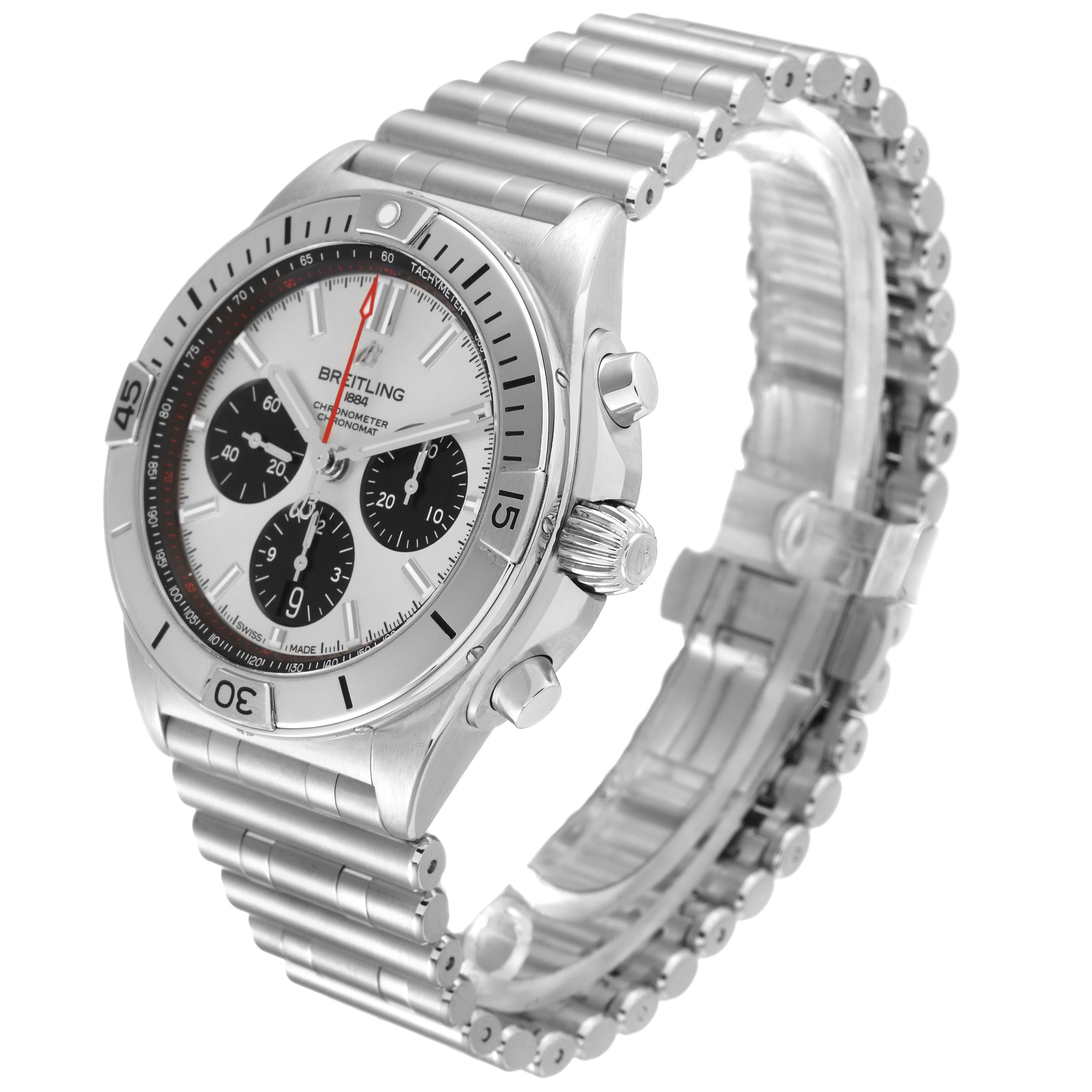 The image shows a side angle of the Breitling Chronomat AB0134 Men's Stainless Steel Silver Dial AB0134 Men's Stainless Steel Silver Dial watch, highlighting the bezel, dial, chronograph buttons, and metal bracelet.