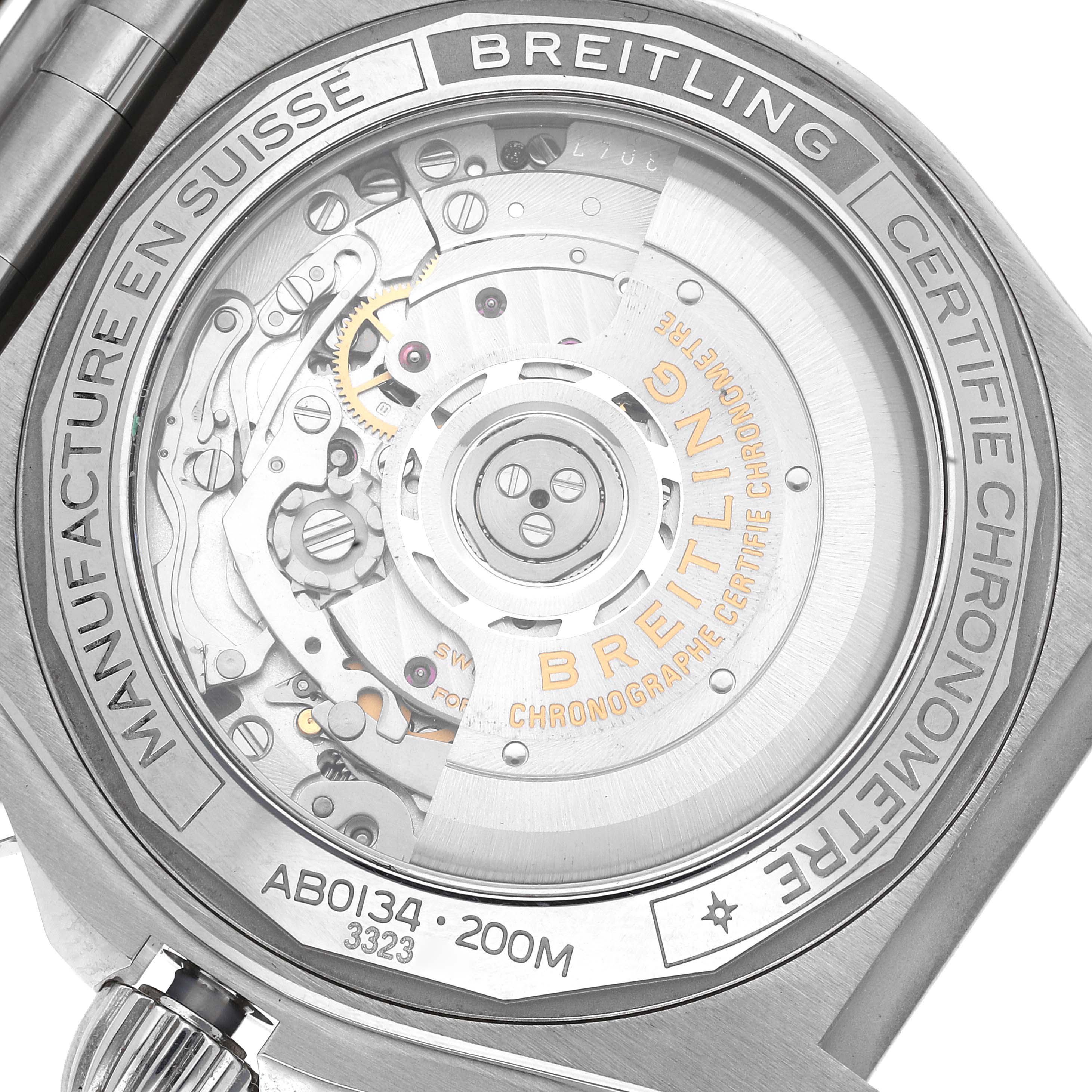 This image shows the back view of the Breitling Chronomat AB0134 Men's Stainless Steel Silver Dial AB0134 Men's Stainless Steel Silver Dial watch, highlighting its movement and internal mechanics.