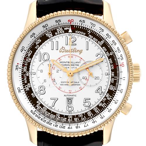 This is a front view of a Breitling Navitimer K35330 Men's Yellow Gold Silver Dial K35330 Men's Yellow Gold Silver Dial watch showcasing its bezel, dial, hands, numerals, and sub-dials.