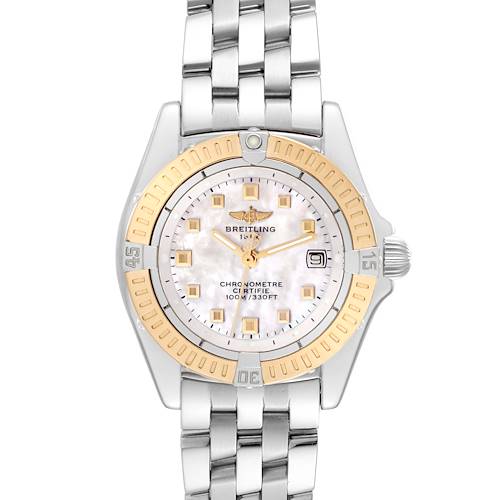 This image shows a front angle view of the Breitling D72345 Women's Stainless Steel Mother of Pearl Dial D72345 Women's Stainless Steel Mother of Pearl Dial Windrider Calisto Steel Yellow Gold Ladies Watch D72345.