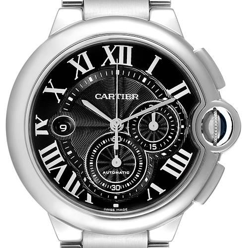 The image shows a front view of the Cartier Ballon Bleu W6920077 Men's Stainless Steel Black Dial W6920077 Men's Stainless Steel Black Dial watch, highlighting its dial, Roman numerals, and crown.