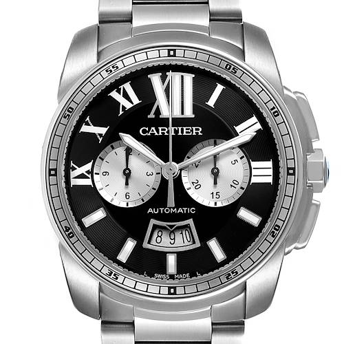 The image shows a front view of the Calibre de Cartier watch by Cartier, featuring the dial, hands, subdials, and bracelet.