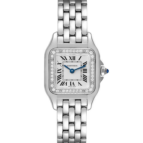 This image shows a front view of the Cartier Panthere W4PN0007 Women's Stainless Steel Silver Dial W4PN0007 Women's Stainless Steel Silver Dial watch, including the face, bezel, and part of the bracelet.