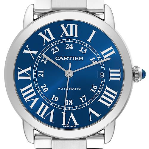 The Cartier Ronde WSRN0023 Men's Stainless Steel Blue Dial WSRN0023 Men's Stainless Steel Blue Dial watch is shown from the front, displaying its blue dial, Roman numerals, hands, and a crown with a blue cabochon crystal.