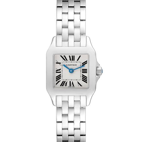 The Cartier Santos Demoiselle W25064Z5 Women's Stainless Steel Silver Dial W25064Z5 Women's Stainless Steel Silver Dial watch is shown from the front, detailing the square face, Roman numerals, blue hands, and metal bracelet.