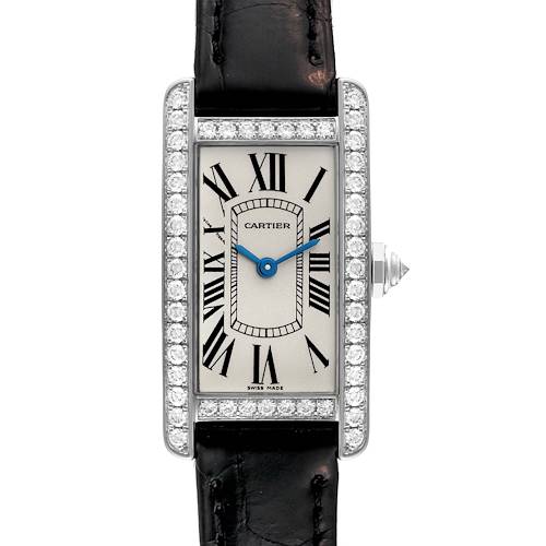 This Cartier Tank Americaine WB707331 Women's White Gold Silver Dial WB707331 Women's White Gold Silver Dial watch is shown from the front, displaying the face, bezel, hands, and strap.